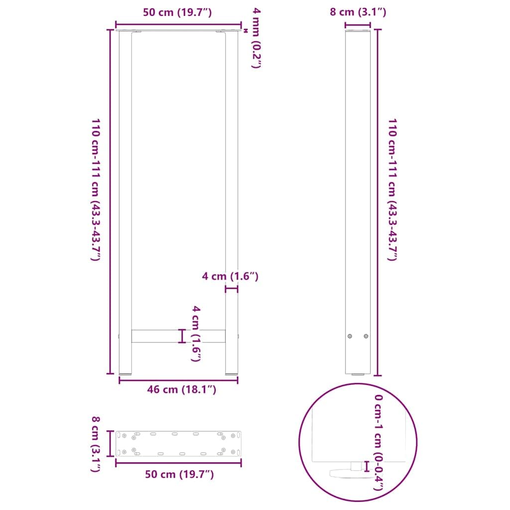 vidaXL Patas para Mesa de Bar de Acero Natural (2 Unidades, 50 x 110-111 cm)
