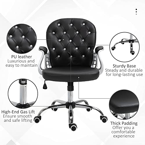 Vinsetto PU Leather Home Office Chair, Button Tufted Desk Chair with Padded Armrests, Adjustable Height and Swivel Wheels, Black - Thumbnail 7