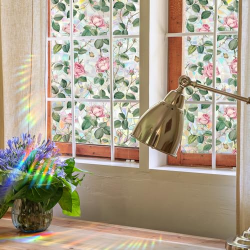 Película decorativa para ventana con flores rosas y adhesivo estático miniatura 4
