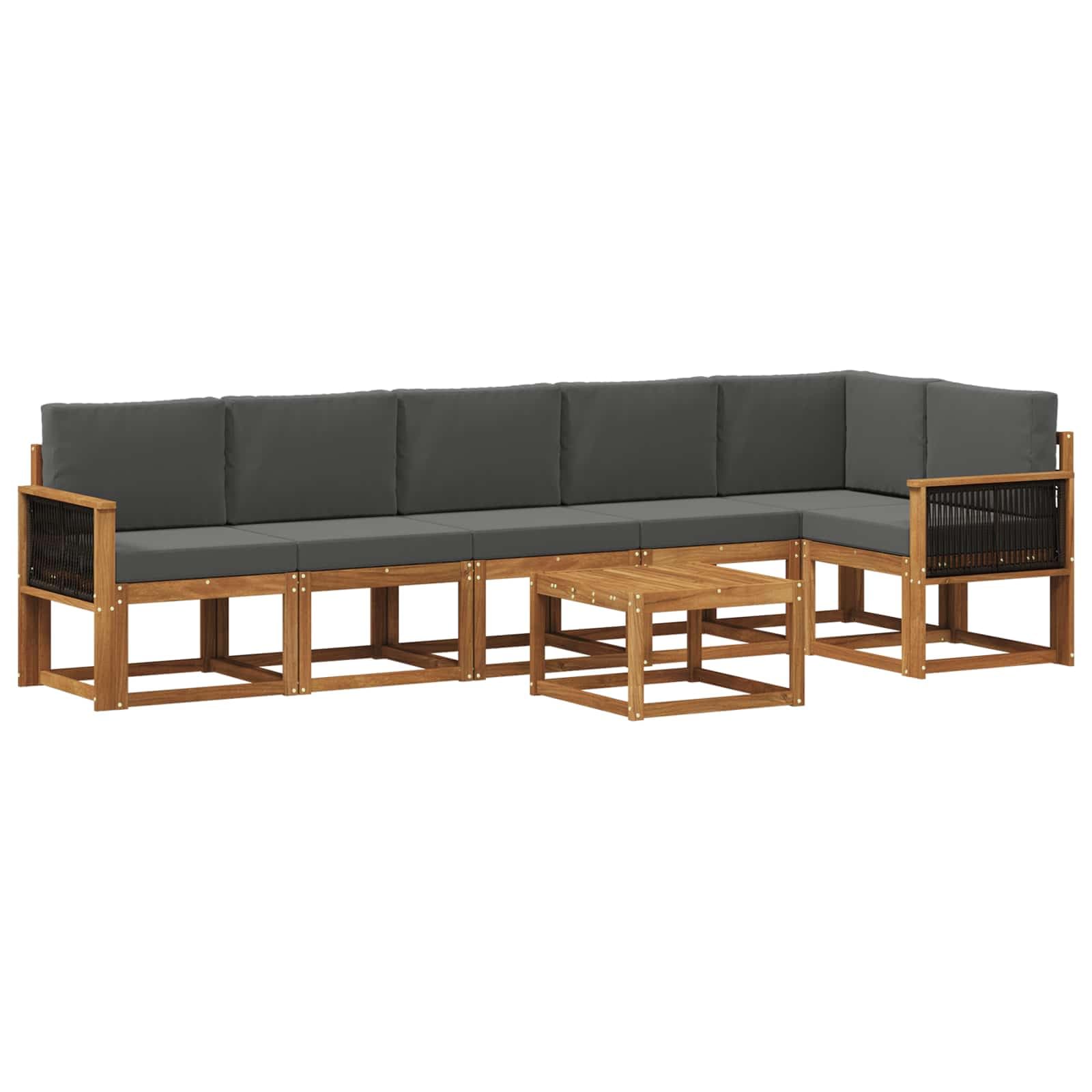 Outdoor-Sofagarnitur 7-teilig Natur Anthrazit Polyester mit Akazienholz, modulare Sitzgruppe für Garten Terrasse Poolbereich, inklusive Tisch, Sofas, Armlehnen, Kissen, wetterbeständig