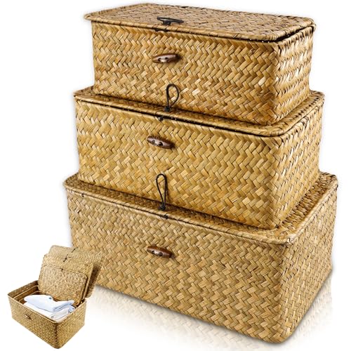 3 cestas de almacenamiento de ratán, cestas de almacenamiento con tapa, cesta de almacenamiento de ratán trenzado, rectangulares, de algas marinas naturales, para salón, baño y cocina
