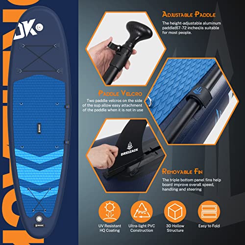 Paddle Board 10'6"X32"X6", Dreizack Inflatable Paddle Board With Adjustable Paddle Hand Pump Leash Repair Kit Stand Up Paddle Boards For Adults Paddleboard For Fishing Yoga Touring Surf(Dark Blue) #TOP4