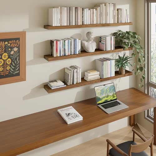 Image of ROGMARS 48Inches Long Walnut Floating Shelves | Rustic Solid Wood Farmhouse Wall Shelves with Invisible Brackets for Bathroom, Living Room, Bedroom, Kitchen Set of 3