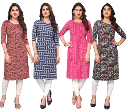 Image of JAKHANA Women's Crepe Printed Casual Straight Calf Length Round Nick Kurta Pack of 4