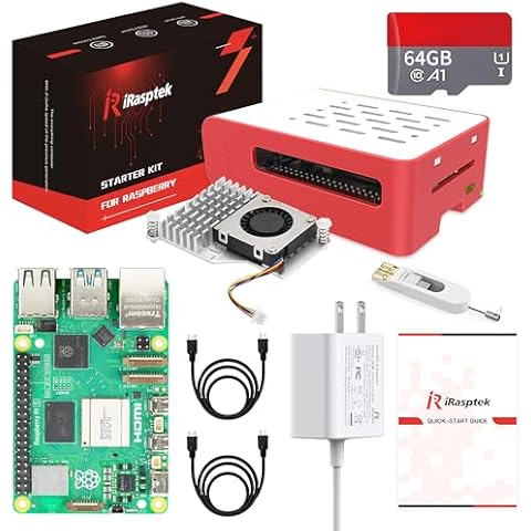 iRasptek Starter Kit for Raspberry Pi 5 RAM 8GB -Pre-Loaded with 64GB Edition Raspberry Pi OS （Red&White Case） Cover