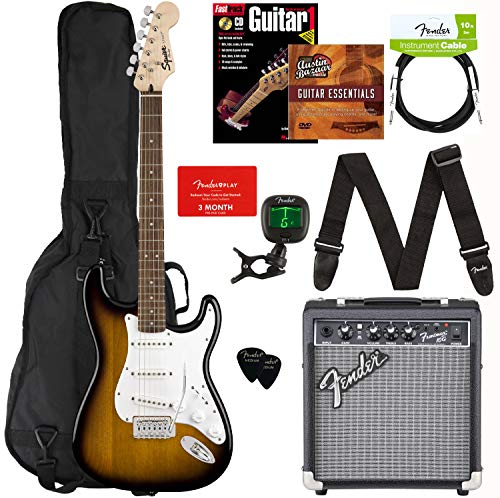 Fender Squier Stratocaster Pack Bundle with Padded Gig Bag, Frontman 10G Amp, Instrument