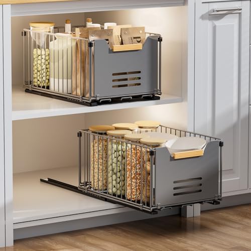 2 Pack Pull Out Cabinet Organizer, Slide Out Drawers for Cabinets, Peel and Stick, Heavy Duty Shelves for Kitchen, Cupboard, Pantry, Bathroom, Tall Style - Gray(14.76