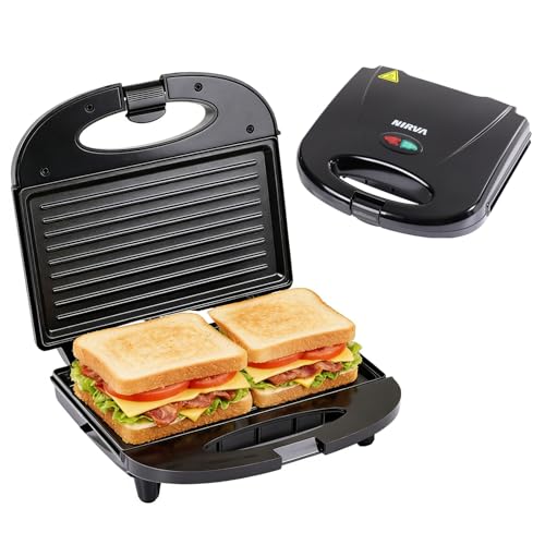 Nirva Doppel Sandwichmaker - 750 W Sandwichtoaster Antihaftbeschichtung klassische Streifenform für 2 Sandwiches schnell aufheizend wärmeisolierter Griff Schwarz