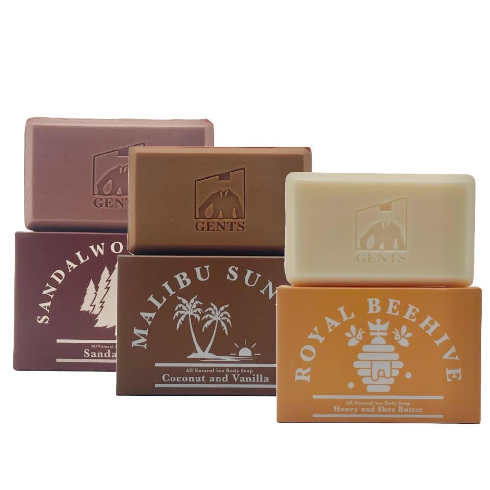 Gents Variety Men's Body Soaps - Moisturizing Bar Soap for Men, Smell Fresh and Clean, Washing Hands & Body, All Skin Types for Bath and Shower (Royal Beehive, Malibu Sunset, Sandalwood Spice)