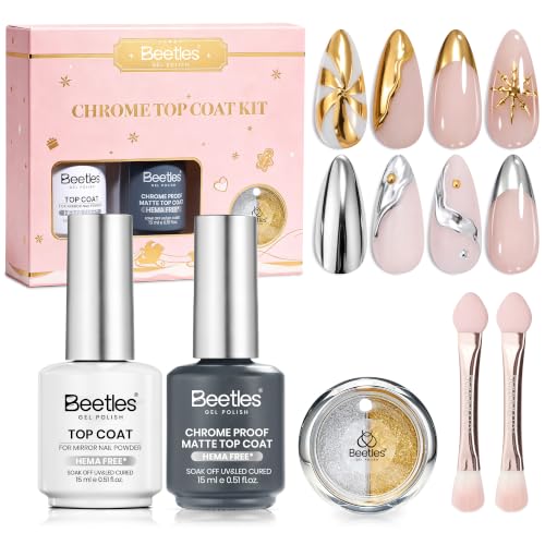 Beetles Chrome Nail Kit, Gold Silver Powder, Top Coat &amp; Matte Top Coat