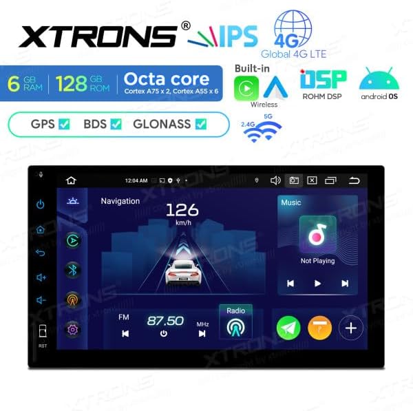 Front view of the XTRONS TIXA745L car multimedia player display, showing a navigation interface with a car icon and a music player widget.