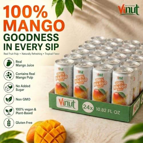 Image of VINUT 100% Mango Juice with Pulp, Tropical Fruit Nectar, No Added Sugar, Not From Concentrate, Gluten Free & Non-GMO Drink, 100% Vegan /Plant-Based, 10.82 fl oz Cans (Pack of 24)
