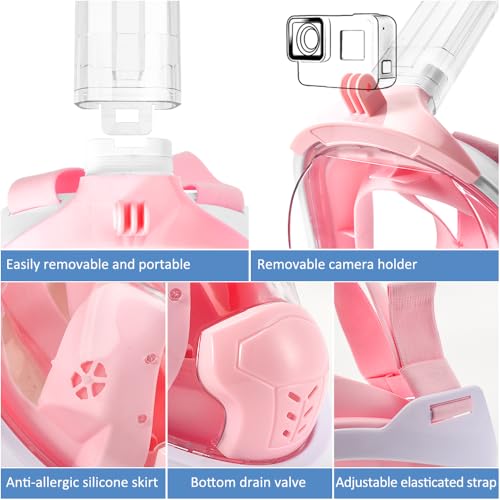 Máscara de snorkel facial completa, vista panorámica de 180° con doble bola flotante, anti-vaho y anti-fugas, con soporte para cámara desmontable, para adultos y jóvenes miniatura 6