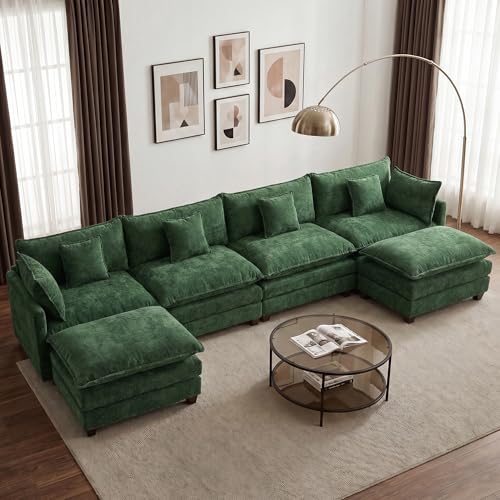 Image of 148 inch Modular Sectional Sofa, U Shaped Cloud Couch with 2 Ottomans | Comfy Chenille Deep Seat Sofa with Throw Pillows, 6 Seat Modern Couches for Living Room Bedroom Apartment, Green, 148 inch U