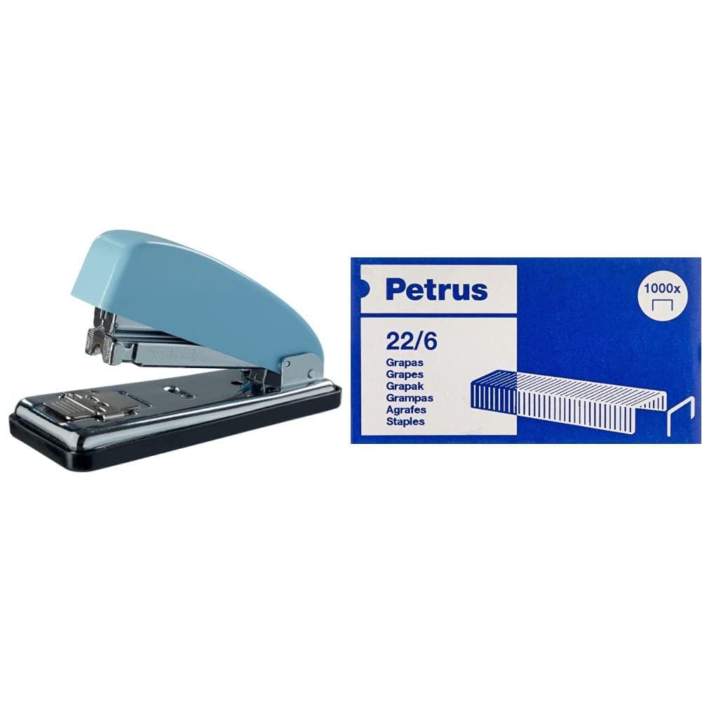PETRUS 624404 - Grapadora para oficina gama RETRO modelo 226 color fondant blue (en blister) & 22/6 - Grapas