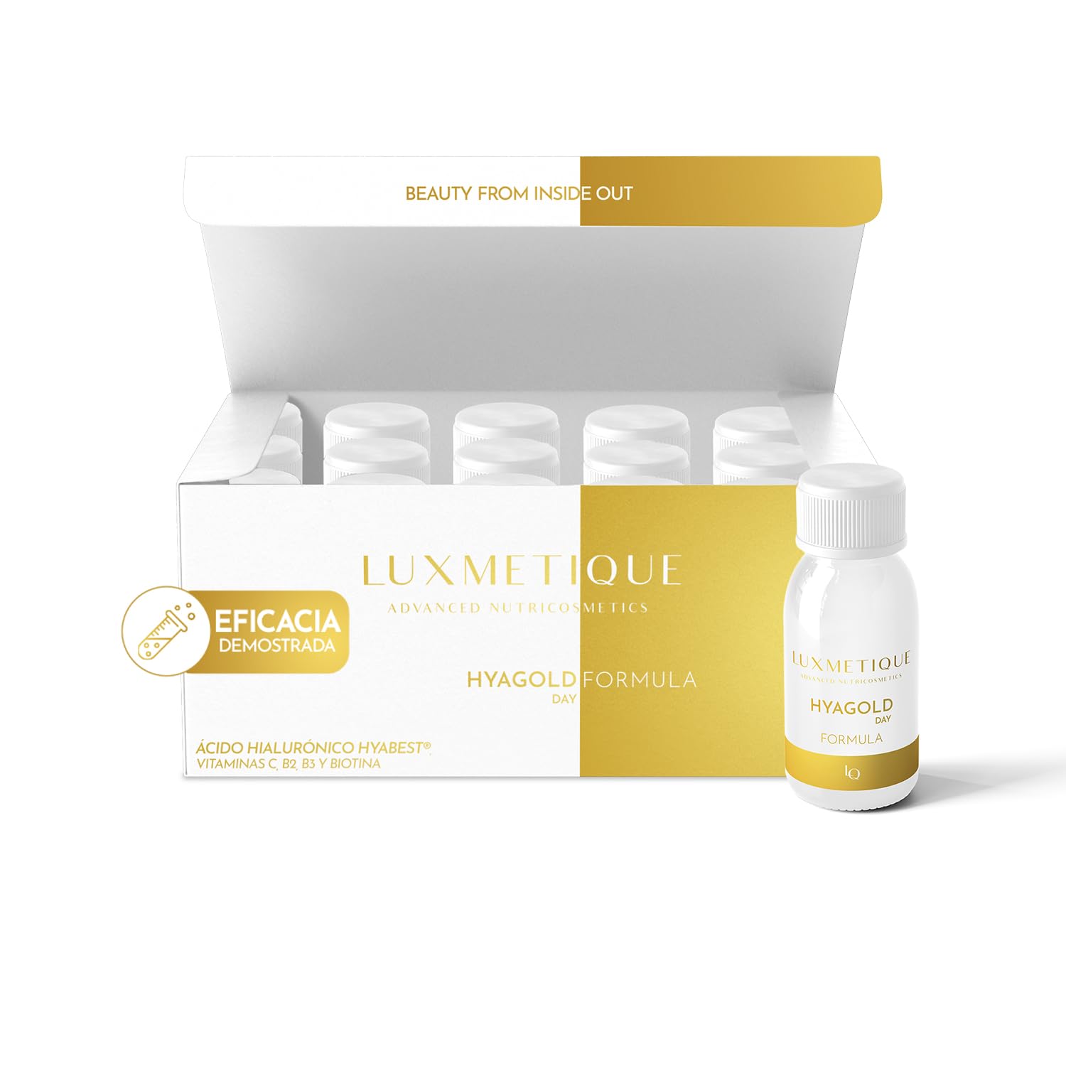 LUXMETIQUE® Hyagold Day Formula - Ácido Hialurónico Hyabest de Máxima Concentración - Hidratación Profunda, Efecto Glow y Relleno de Arrugas - 15 Viales Bebibles