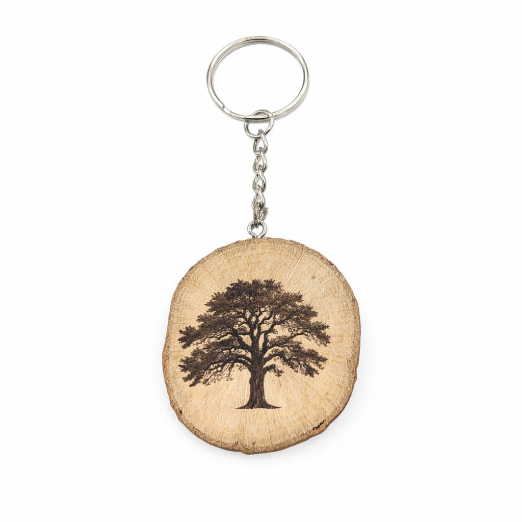 Promotech Oak Tree Wooden Keyring – Handmade, Natural, Unique Laser-Engraved Brown Keychain for Keys, Bags & Backpacks