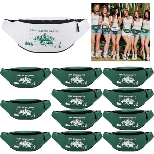 Sweetude 12 Pcs Camp Bachelorette Party Favors Green White Fanny Packs Bride Bridesmaid Decor Adjustable Waist Bag for Wedding Supplies Bridal Shower Party Gifts