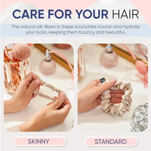 Image of Blissy Silk Scrunchies (3 Pack) - 100% Pure Mulberry Silk - 22 Momme 6A High-Grade Fibers Scrunchie for Straight & Curly Hair - Preventing Breakage, Tangling, & Creasing (Champagne Skinny)