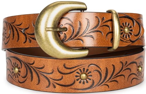 Image of Western-Leather-Belts-Women Vintage Waist-Belts with Hollow Out Flower