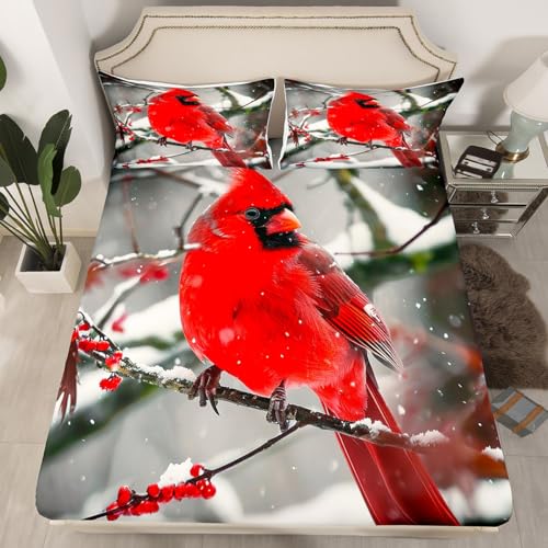 Erosebridal Boys Cardinals Fitted Sheet Twin Size,Red Sparrows Sheet Set Michigan Birds Bed Sheet Winter Snowflake Bed Cover Finches Bedroom Decor for Child Youth Man