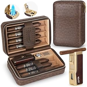 Scotte Cigar Humidor Box, Cigar Lighter Cedar Wood Lined Leather Cigar Case Built in Hygrometer & Humidifier, Torch Lighter with Cigar Holder Cigar Punch Portable Travel Cigar Humidor Kit (Brown)