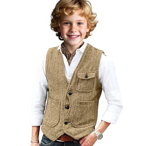 Retro Boy Herringbone Suit Vest Vintage Casual Suit Vest for Boys Tweed Wedding Homecoming Waistcoat4