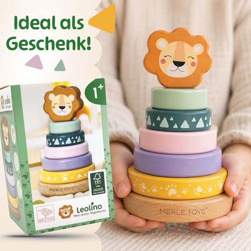 Merle Toys® Holz Stapelturm ab 1 Jahr, Baby Stapelturm Holz, 100% FSC, Löwe – Ansicht 6