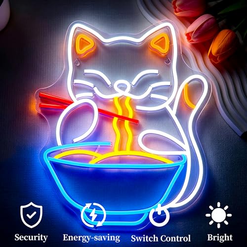 Image of Cat Ramen Neon Sign for Wall Decor Led Neon Lights Cat Ramen Light Up Signs for Birthday Party Club Gift