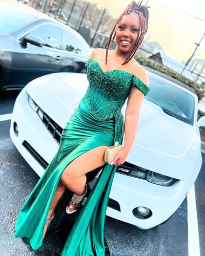 Mermaid Prom Dresses for Women Sparkly Sequins Lace Appliques Satin Formal Evening Dress with Slit Off Shoulder He50854