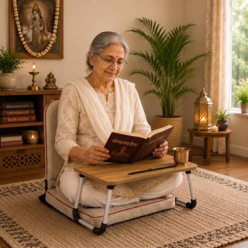 Image of Kawachi Floor Chair with Laptop Table, Foldable Back Support & Portable Study Table Combo, Reading, Work from Home, Meditation & Relaxation Chair (KC32-Beige)