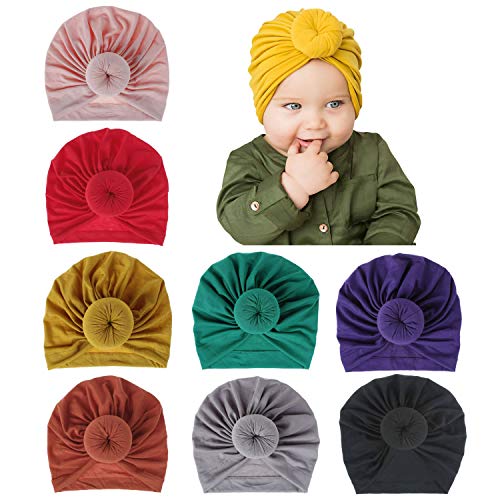 Image of inSowni 8 Pack Solid Ball Donut Nursery Hospital Turban Hat Cap Beanie Bonnet for Baby Girls Toddlers Newborns Infants