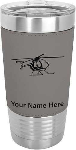 LaserGram Vaso aislado al vacío de 20 onzas helicóptero 1 grabado personalizado incluido piel sintética gris