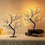 PEIDUO Set of 2 Lighted Cherry Blossom Tree, Light up Bonsai Tree for Christmas Decorations, Warm White Lights Plug in Adapter, Tabletop Night Light Artificial Tree for Indoor Bedroom Living Room
