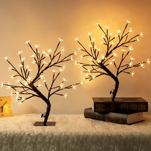 PEIDUO Set of 2 Lighted Cherry Blossom Tree, Light up Bonsai Tree for Christmas Decorations, Warm...