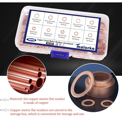 Maierke M1-063 188Pcs 9 Sizes Metric Copper Crush Washers Assortment Kit Flat Ring Sealing Washer M5 M6 M8 M10 M12 M14 thumb #3