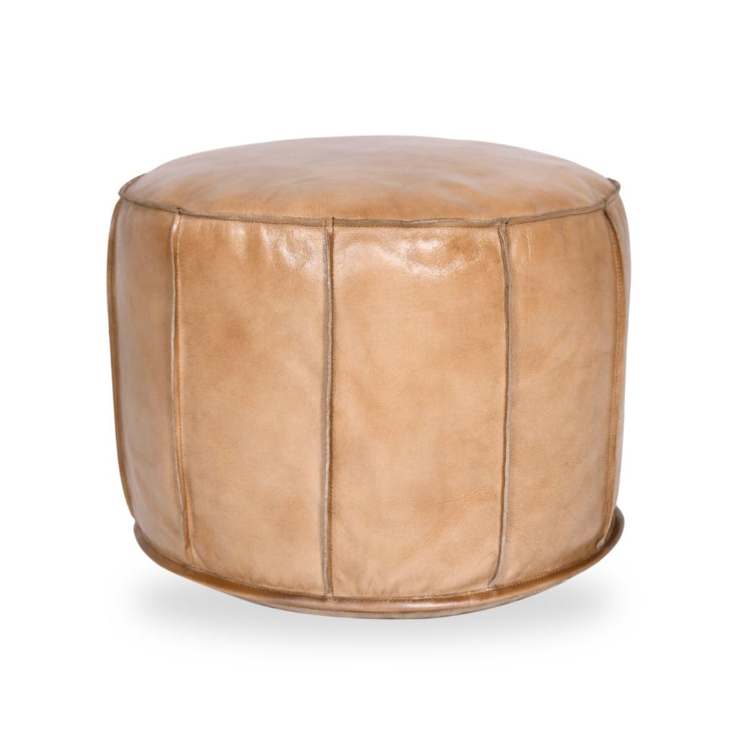 Premium Genuine Leather Round Padder Bean Bag Footrest, Pouffe, Footstool, Light Tan Large 37cm x 47cm Ready to Use for Lounge, Living Room and Bedroom-image-42
