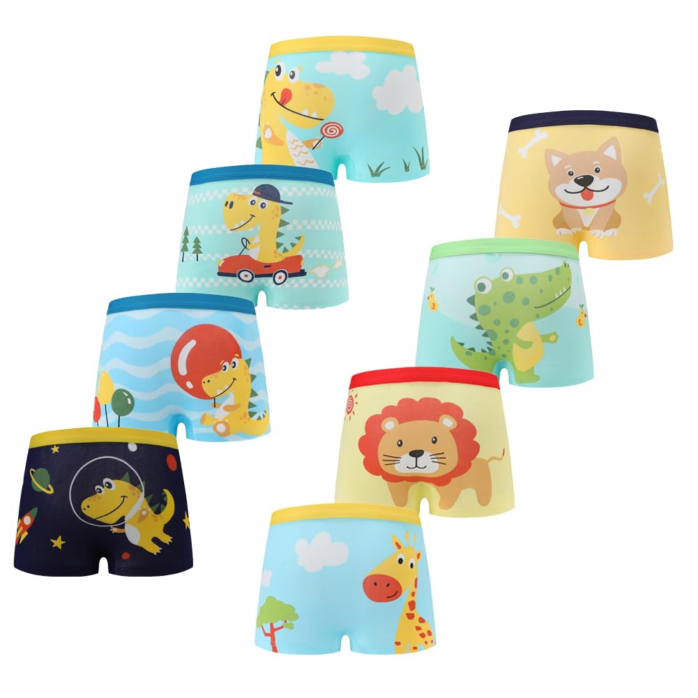FedMois Boys Knickers Cotton Boxer Briefs Underpants Underwear (Pack of 8), Dinosaurs and Animals, 5-7 Years
