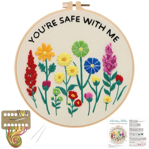 Image of Louise Maelys inchYou're Safe with Me inch Embroidery Kit for Beginners Floral | Cross Stitch Kits with Pre-Printed Fabric, Hoop, Threads, Needles and Guide. Needlepoint Kit for DIY Lovers