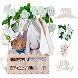 efluky Wooden Baby Shower Crate Closet with Handle,Storage Basket,Baby Clothes Hangers, Newborn Boy Girl Welcome Gift Basket