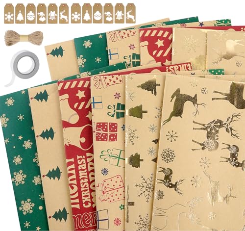 KARBRING 12 Stück Kraft Weihnachtspapier, Geschenkpapier Weihnachten Set mit Geschenkanhänger und Jutesaiten Weihnachtsgeschenkpapier 50 x 70 cm...