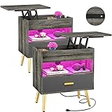 Cyclysio 30 Inches Nightstand Set of 2 with Reversible Lift Top, Large Night Stand with LED Lights,