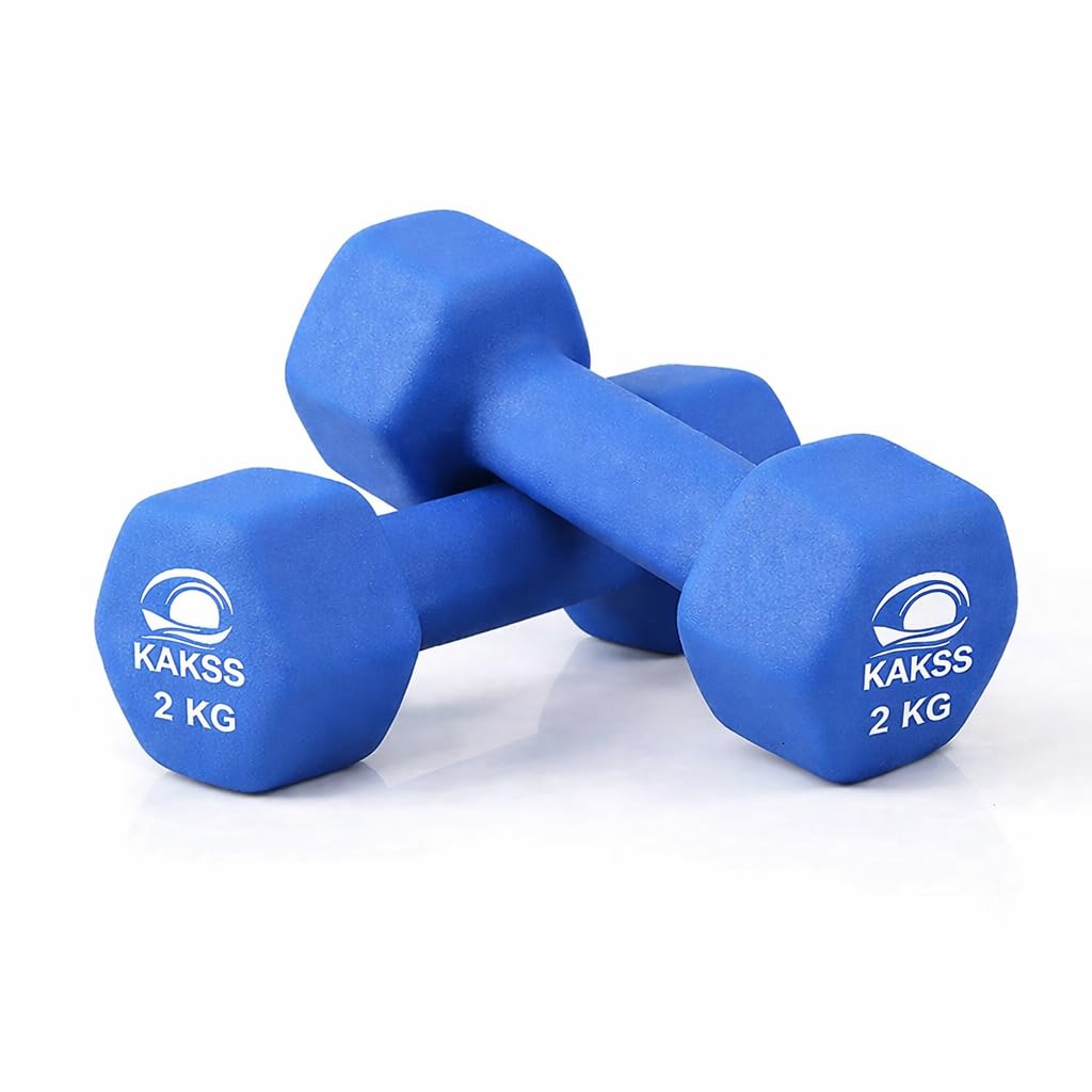 KAKSS Neoprene Dumbbells Set, 2kg Dumbbells Pair (2 x 2kg) Blue Hex Hand Weights with Anti-Slip Comfortable Grip, Compact Gym Weights for Home Gym Equipment, Aerobics and Strength Training