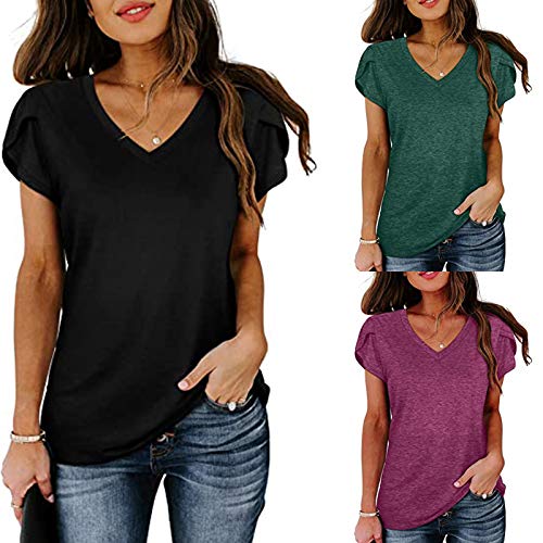 Summer Women Tshirt Tops Sexy Solid V Neck Basic Blouses Trendy Casual Short Sleeve Comfy Loose Fit Tunic Tees