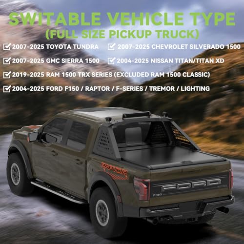 Image of Adjustable Roll Bar Compatible with Retractable Tonneau Covers with Rails | Truck for F150 / F-Series, Ram 1500 Series, Silverado 1500, Gmc Sierra 1500, Tundra,Titan Xd | No Drilling Installation