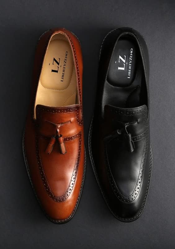 LIBERTYZENO Mens Genuine Leather Tassel Loafer Slip On Dress Shoes 7.5 Tan