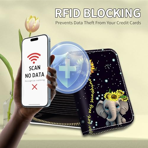 Elephant Sunflower Credit Card Holder for Women with Zipper Small Credit Card Wallet PU Leather RFID Blocking Wallet Card Organizer Wallets Accordion Wallets Gift for Women or Men4