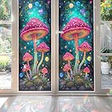 2PCS 17.7x39.4inch Psychedelic Mushrooms Stained Glass Window Film, Psychedelic Mushrooms Stained Glass Window Film for Bathroom Door Heat Anti UV N06