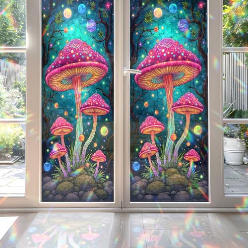 2PCS 17.7x39.4inch Psychedelic Mushrooms Stained Glass Window Film, Psychedelic Mushrooms Stained...