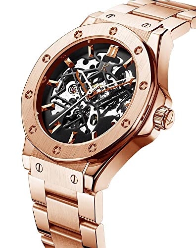 Kredo Men DEDON Rose Gold Mechanical Automatic Skeleton Analouge Water Resistant Stainless Steel Wrist Watch-KW117 | Black Round Dial Silver Strap | Designed in Amsterdam - Image 4